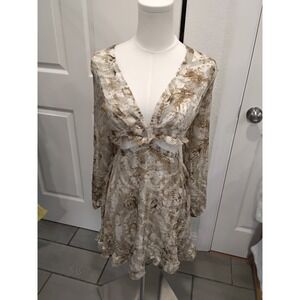 Glamaker Women Abstract Gold Metallic Mini Dress Long Sleeve Lace Up Back Small